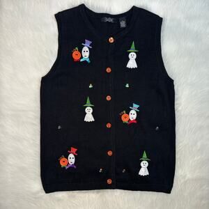 Y2K Crystal Kobe Ugly Halloween Sweater Vest with Embroidered Ghosts
